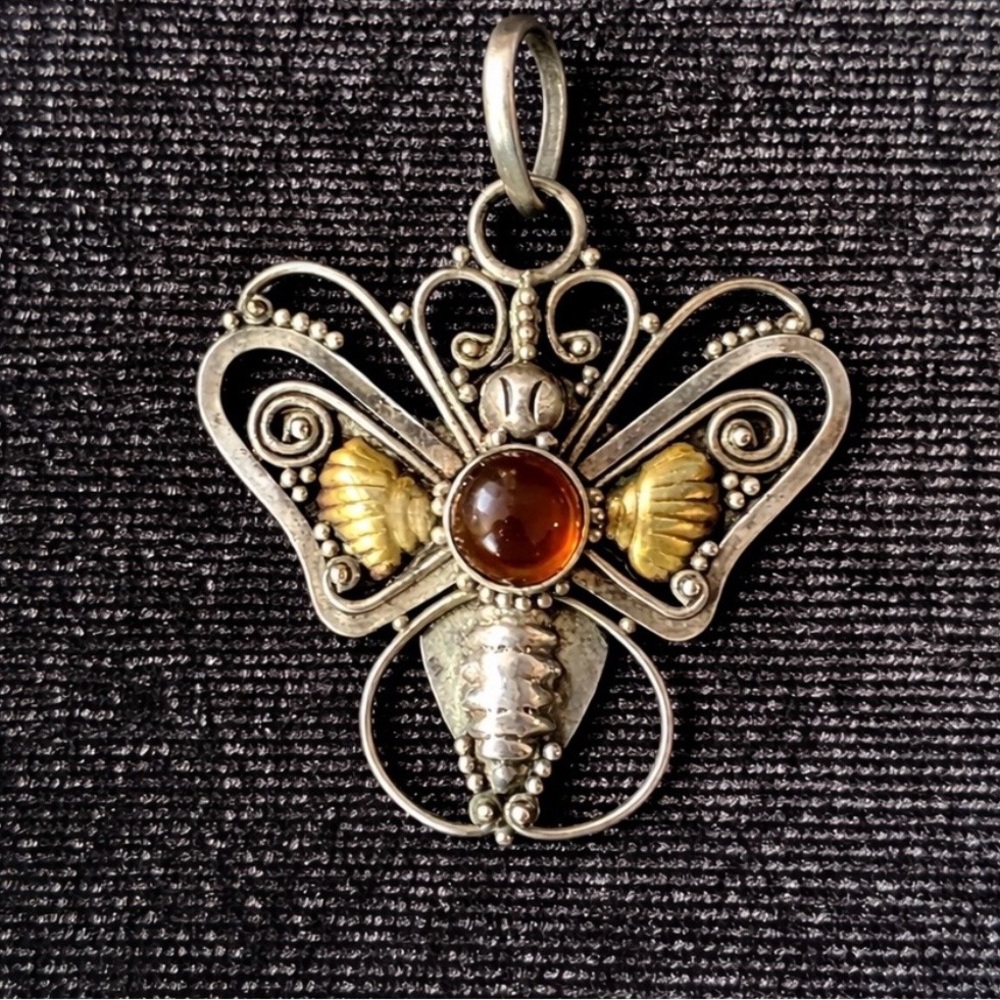Sterling Silver Amber Moth Pendant 925 Y2K Artisan Boho Necklace Charm - Picture 2 of 5
